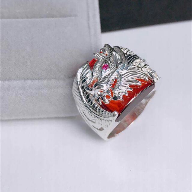 Nhẫn bạc nam đầu rồng và đá phong thủy