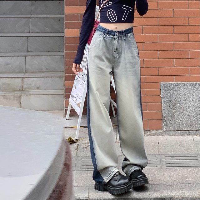 Quần jeans dài hai màu phân nửa ống rộng phong cách retro