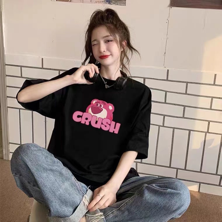 Áo Thun Cotton Tay Lửng Họa Tiết Gấu Và Dâu Tây Dễ Thương Cho Nữ