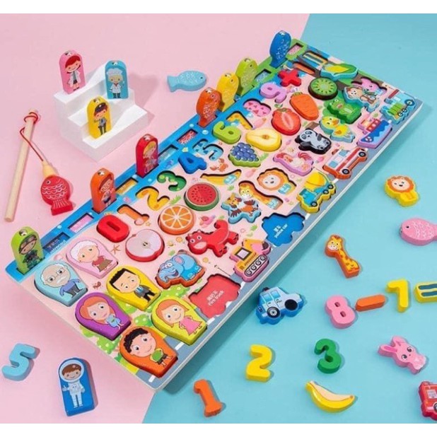 ( SẴN HÀNG) Bộ bảng số thông minh 63 chi tiết( bao gồm số- khuôn hình hoa quả- đô vật ngộ nghĩnh)