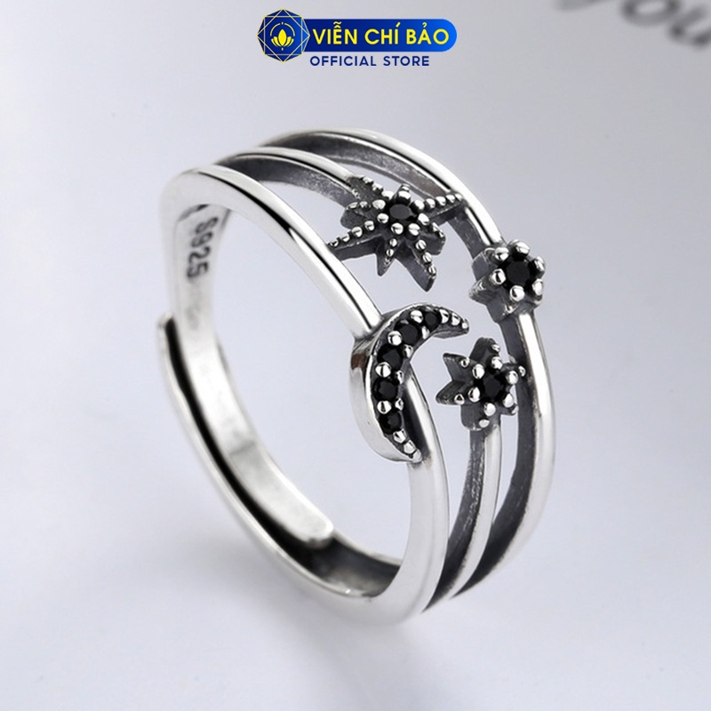 Nhẫn bạc nữ trăng sao đá đen chất liệu bạc 925 thời trang phụ kiện trang sức nữ Viễn Chí Bảo N000031