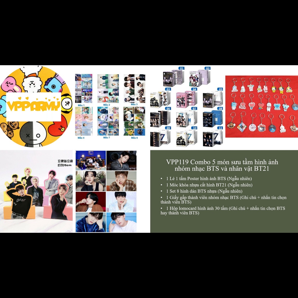 VPP119 Combo 5 món sưu tầm hình ảnh nhóm nhạc BTS và nhân vật BT21 (Đọc phần mô tả để biết thêm thông tin)