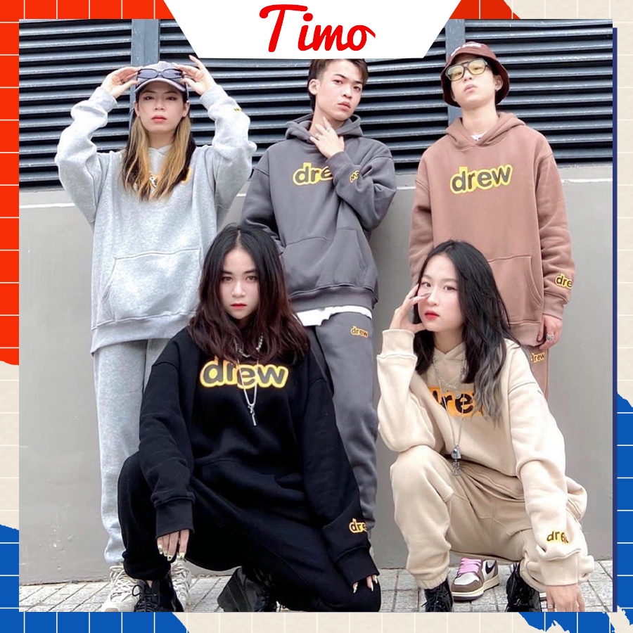 Áo hoodie bộ nỉ nữ unisex DREW Chất Nỉ lót lông Form Basic Phong Cách Hàn Quốc 5 Màu Trẻ Trung ATD003