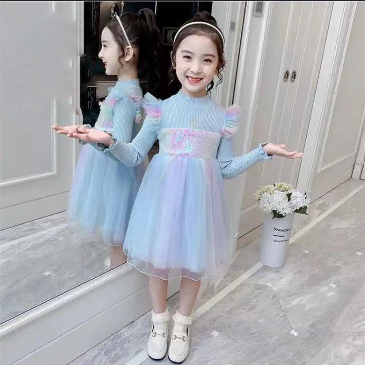 Váy len dài tay cầu vồng nhiều màu cho bé gái (Cao 90-140cm, nặng 10-30kg) N01019