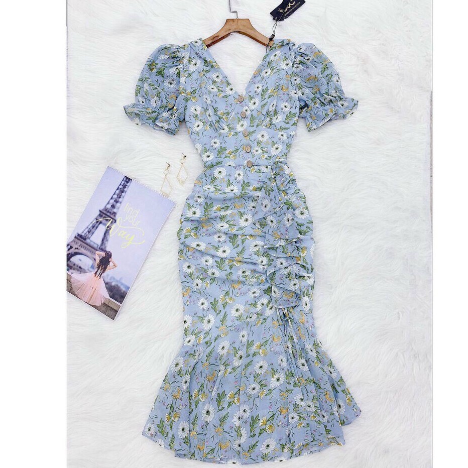 Váy Nữ Voan Hoa Phối Bèo Nhún Eo , Xòe Dáng Đuôi Cá Sang Trọng Màu Xanh Thanh Xuân - Winchois  ྇