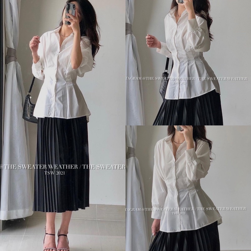 Áo sơ mi trắng chít eo kiểu Pháp thiết kế cổ bèo nơ đen Áo sơ mi cộc tay