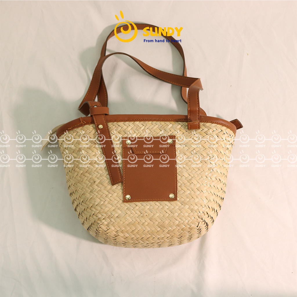 Túi Cói Quai Da SUNDY Chất Liệu Tự Nhiên, Thiết Kế Đơn Giản, Vintage Phù Hợp Đi Làm,Dã Ngoại, Chụp Ảnh-TC014N00