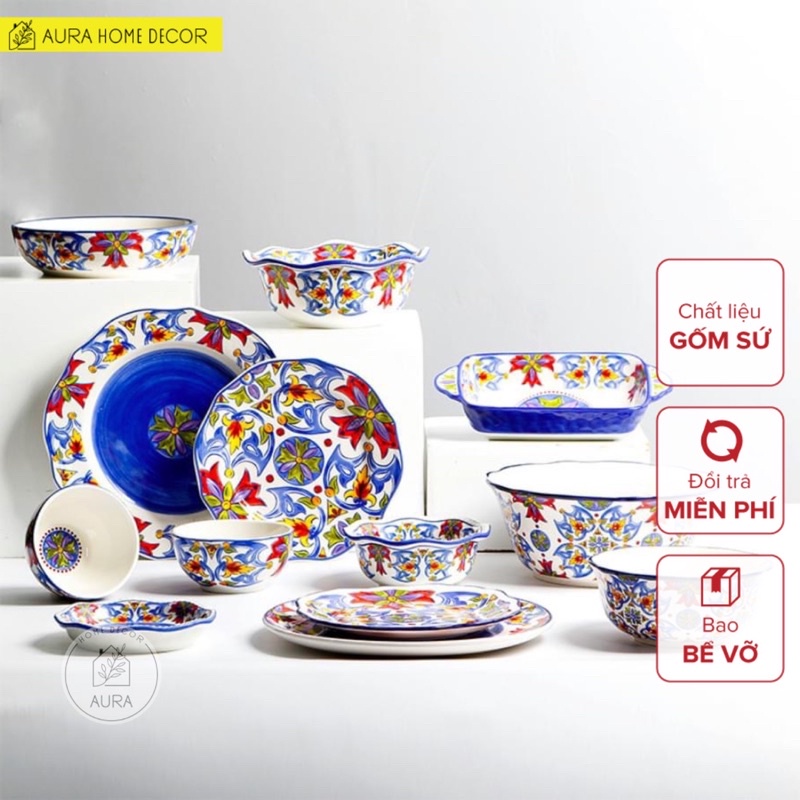 Bộ bát đĩa tô gốm sứ mỹ nghệ vẽ tay hàng xuất Âu - Hoạ tiết hoa xan nền trắng cực phẩm trang nhã OMK