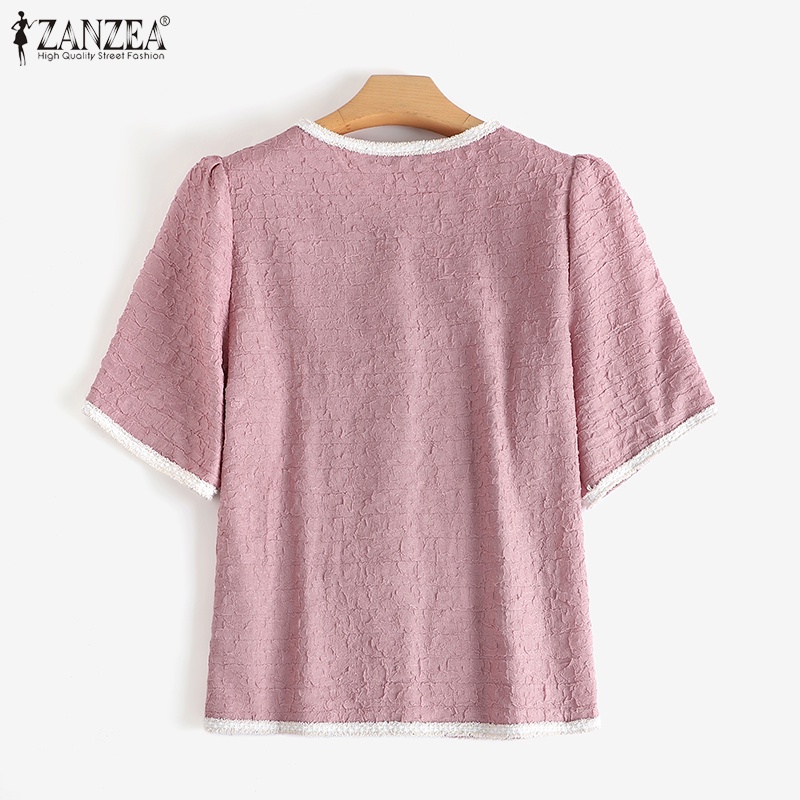 Áo sơ mi ZANZEA ngắn tay cổ tròn phong cách Hàn Quốc cho nữ
