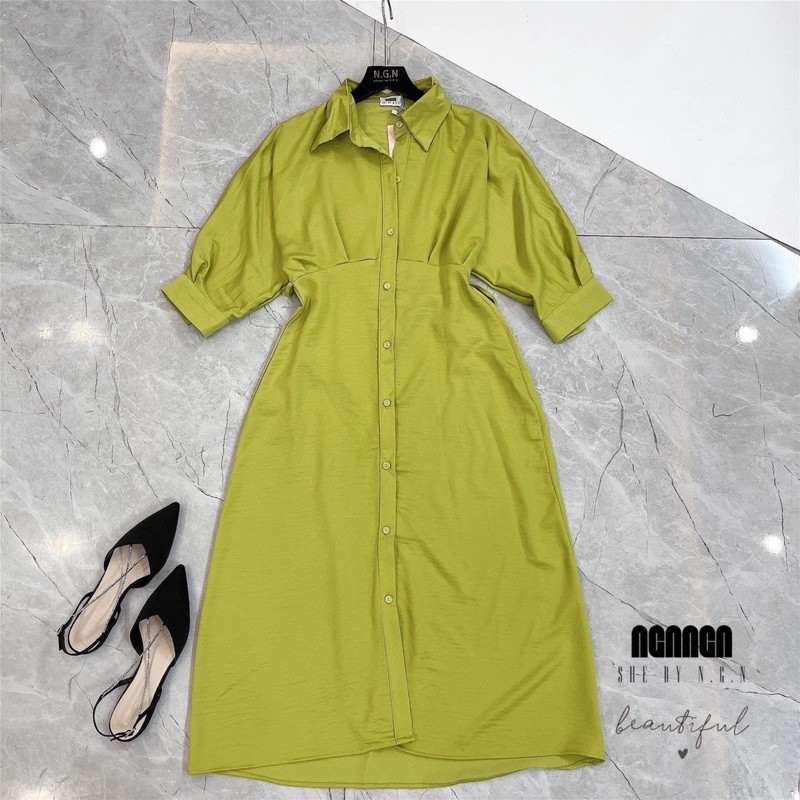 Đầm sơ mi lụa xanh cốm dáng dài tiểu thư siêu xinh, Váy maxi đi biển khuy dọc cổ bẻ hàng đẹp giá rẻ | BigBuy360 - bigbuy360.vn