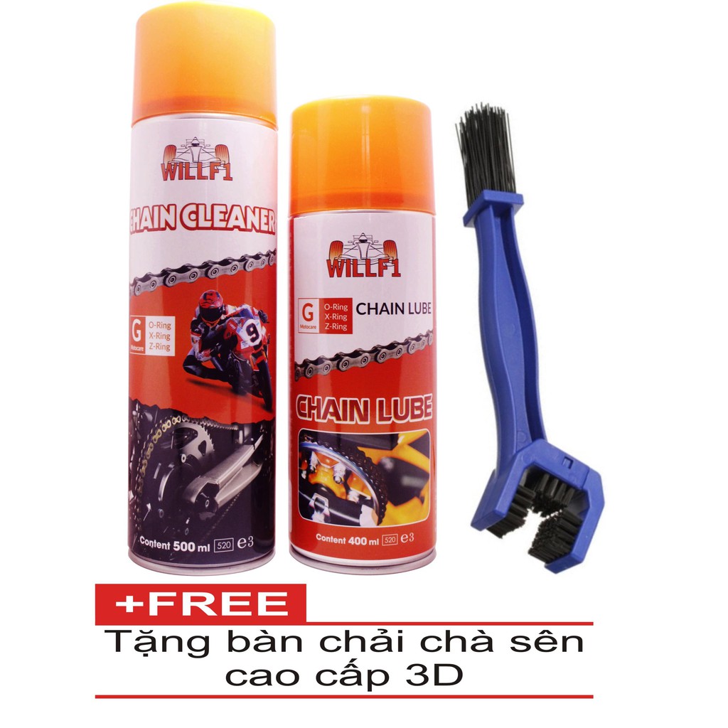 Combo rửa sên WillF1 Chain Cleaner 500ml, Dưỡng sên WillF1 Chain Lube 400ml Tặng kèm bàn chải vệ sinh sên 3D