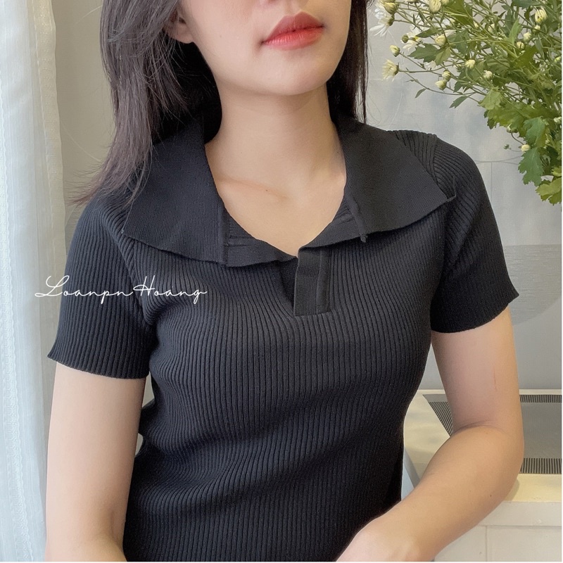 [DK08]Áo dệt kim cổ polo cộc tay phong cách thời trang Hàn Quốc cho nữ