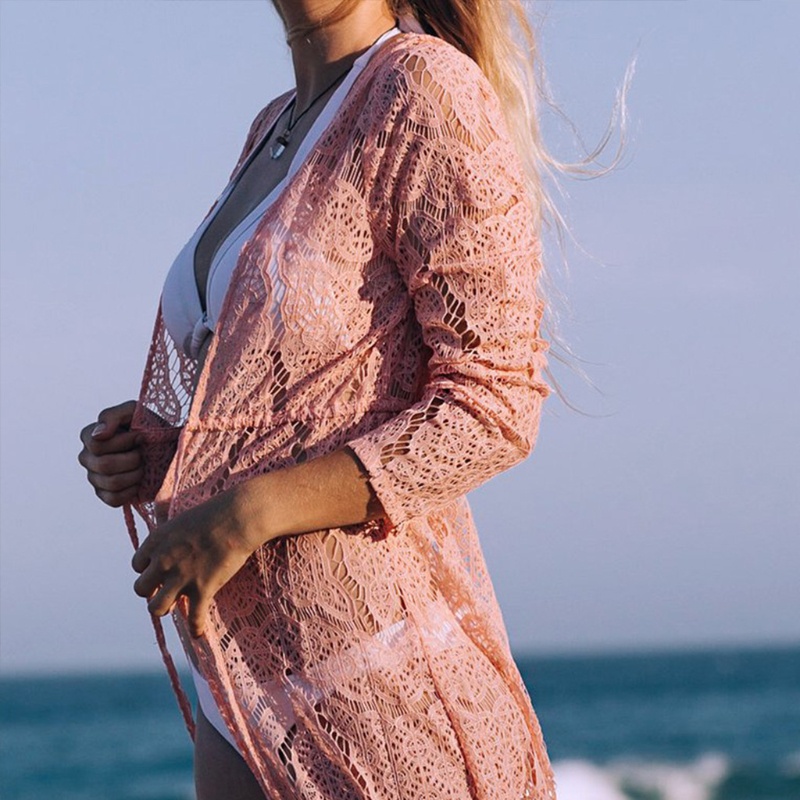 Áo Choàng Cardigan Dáng Ôm Dài Phối Ren Khoét Rỗng Thời Trang Đi Biển Cho Nữ