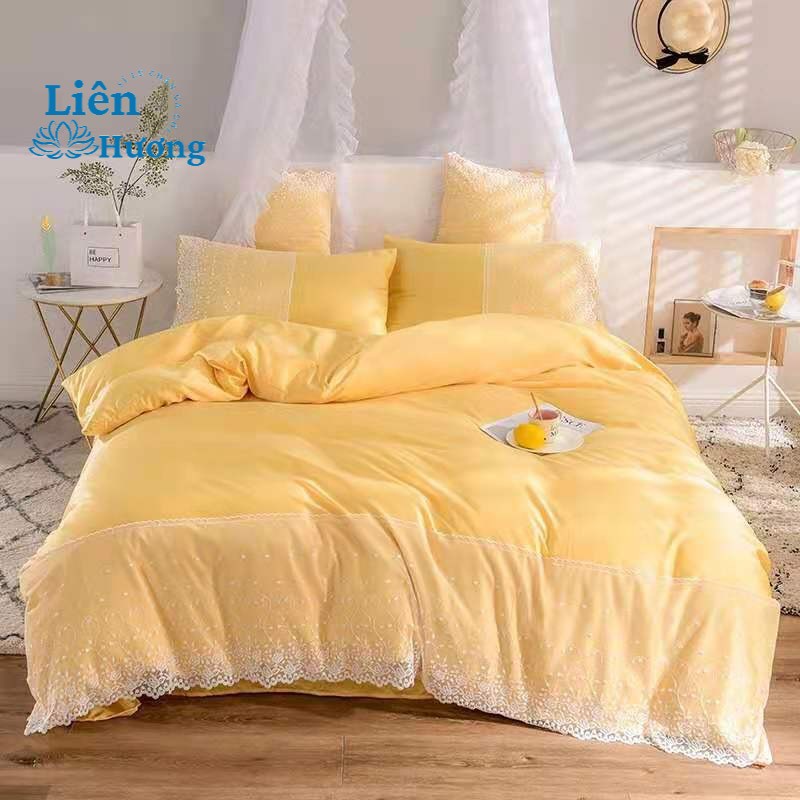 Bộ Chăn Ga Gối Lụa Silk 4 Món Viền Bèo Tiểu Thư _Loại 1_ Chất Liệu Lụa Không Nhăn Bóng Đep