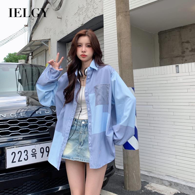 IELGY  Áo Sơ Mi Dài Vừa Kẻ Sọc Thời Trang Cho Nữ