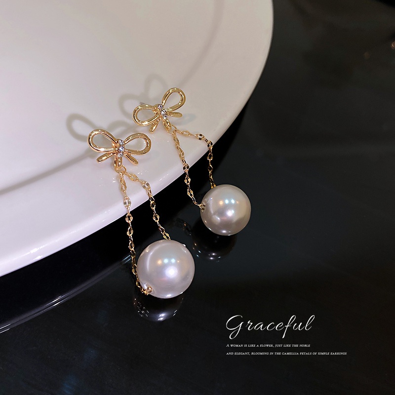 Bông Tai Dáng Dài Phối Nơ Đính Ngọc Trai Nhân Tạo Thời Trang