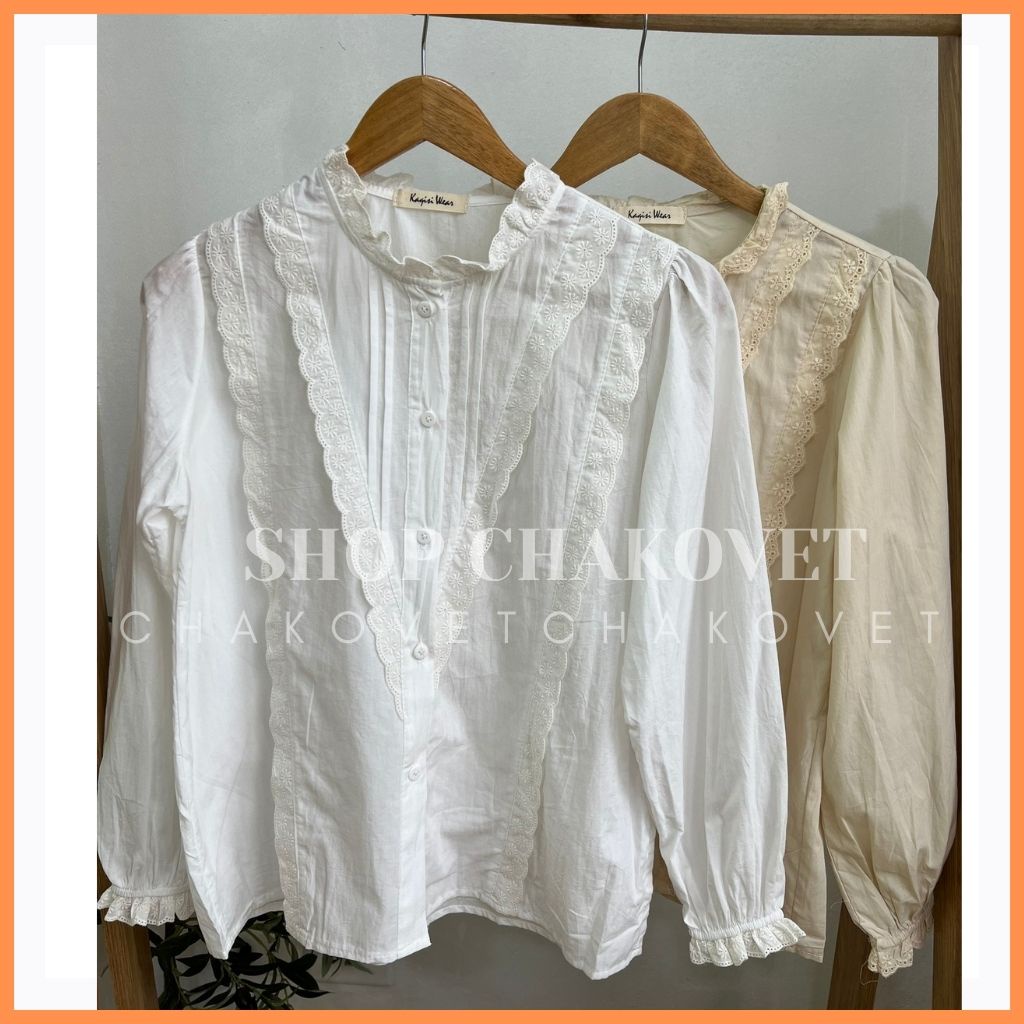 Áo sơ mi nữ tay dài họa tiết cổ ren A8146, kiểu áo nữ xếp ly ren ngực cá tính mặc đẹp dánh xinh style hàn quốc