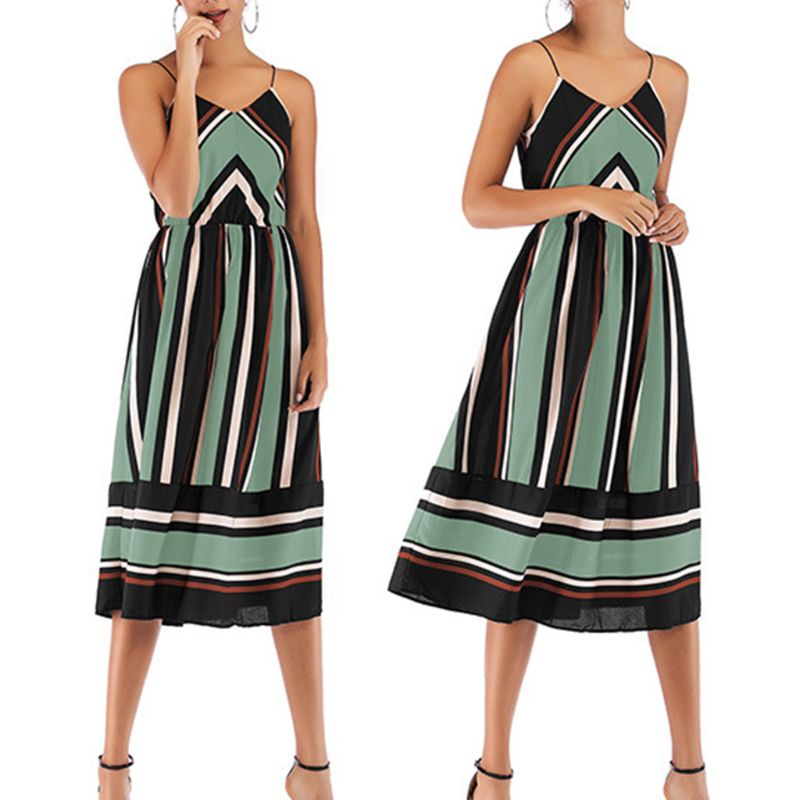 Xiangbao Đầm Midi Dài Không Tay Kẻ Sọc Màu Tương Phản Cổ Điển Mùa Hè Cho Nữ