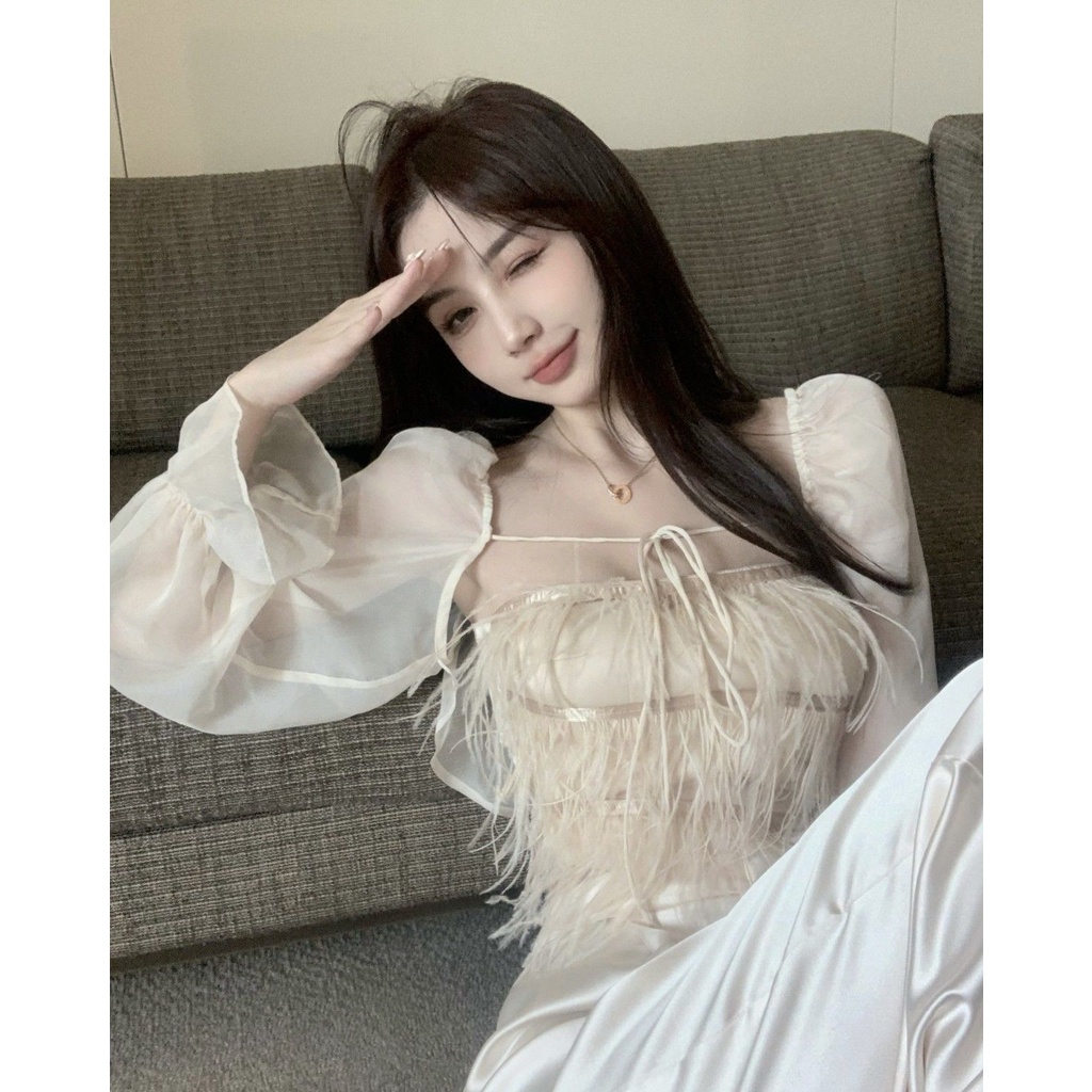 Áo quây ngực phối tua rua lưng ngắn và áo khoác bên ngoài sang trọng xinh đẹp ngọt ngào nóng bỏng mùa hè cho bạn nữ
