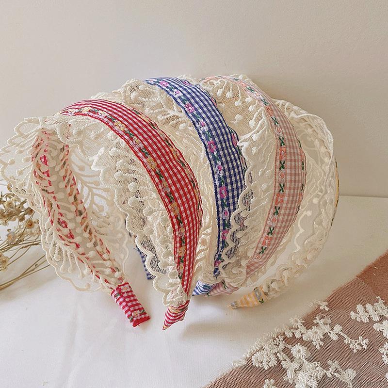 Cài tóc bé gái họa tiết sọc caro phối ren phong cách retro Hàn Quốc