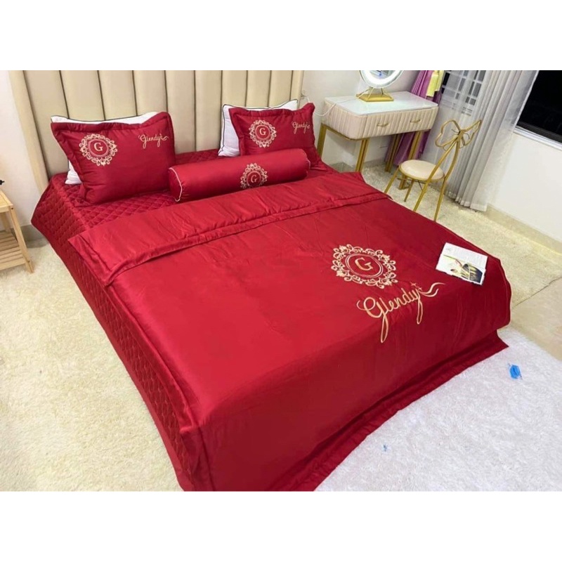 Bộ chăn ga gối phi lụa trần bông combo 5 món thêu sang trọng
