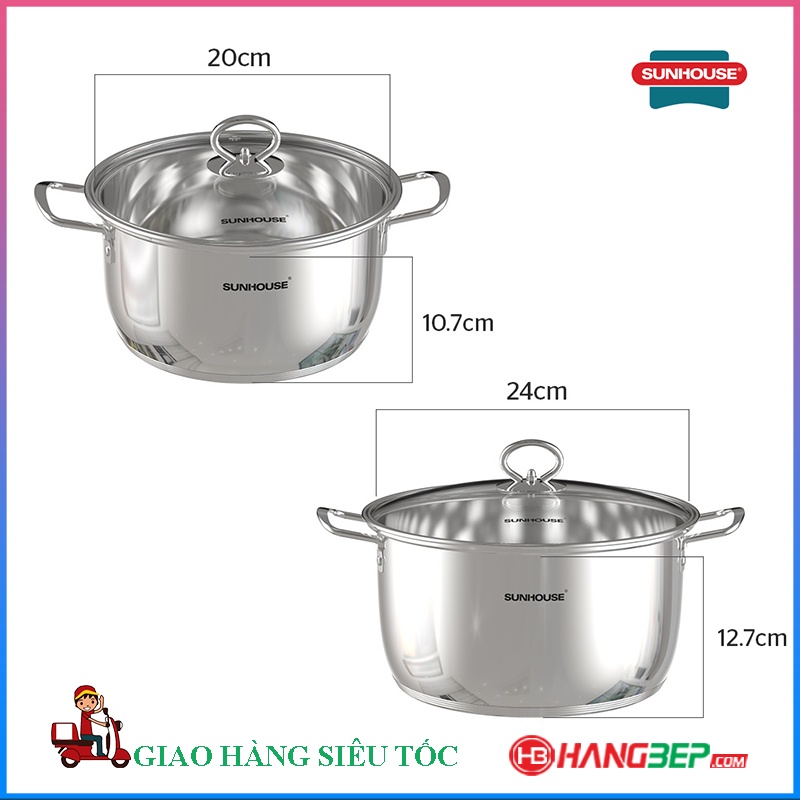 Bộ 3 nồi inox 5 đáy Sunhouse SHG788 - 16cm/20cm/24cm - Sử dụng bếp từ