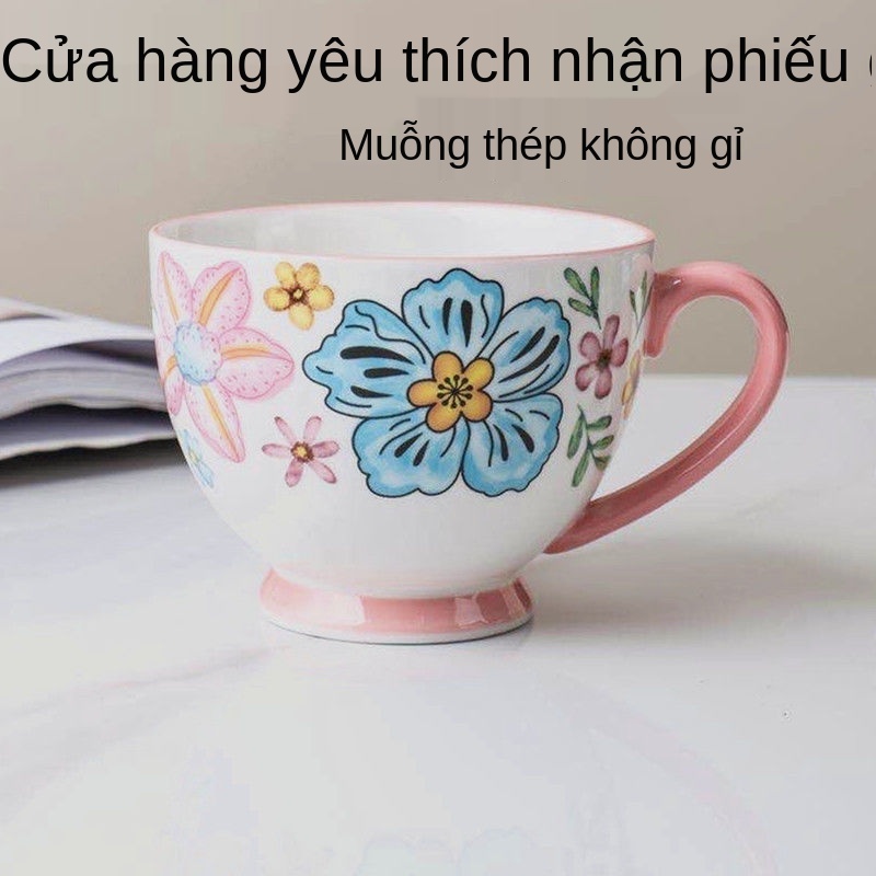 cốc ăn sáng bằng sứ đựng bột yến mạch sữa có thể vi sóng dung tích lớn với thìa trà hoa kiểu Âu Ly