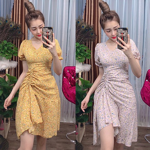 Váy hoa nhí đẹp dễ thương dự tiệc cỏ V tay phồng, đầm hoa nhí dự tiệc có tôn dáng có dây rút 1 bên D092- Anquachi | BigBuy360 - bigbuy360.vn