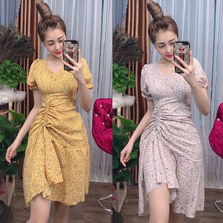 Váy hoa nhí đẹp dễ thương dự tiệc cỏ V tay phồng, đầm hoa nhí dự tiệc có tôn dáng có dây rút 1 bên - Anquachi