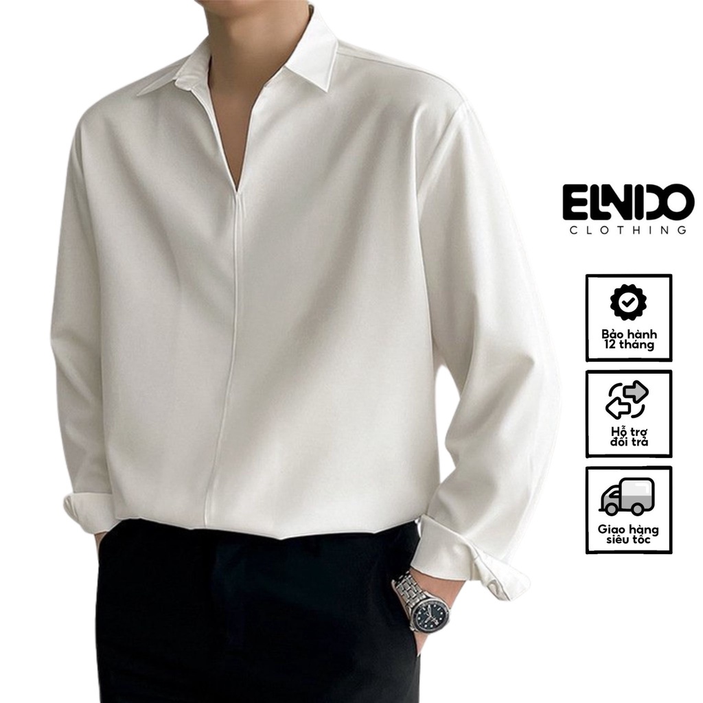 Áo sơ mi nam nữ dài tay Unisex Basic màu trắng và đen sơ mi lụa mịn mát form rộng suông ELNIDO-ED03