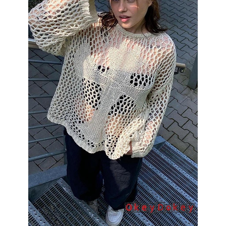 Okdk-áo Thun Dệt Kim Cỡ Lớn Khoét Rỗng Xuyên Thấu Phong Cách Harajuku Grunge Retro Cho Nữ