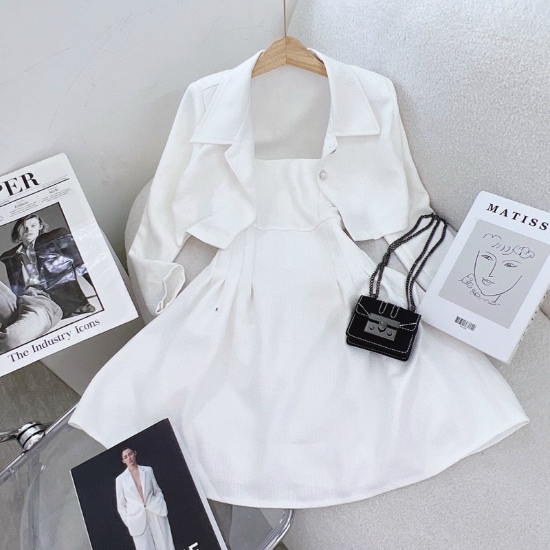 Sét Đầm Chiết Eo Dạ Bó Trắng Mix Khoác Crt Cài Nút 🦋FREESHIP 🦋Đầm Siêu Xinhhh