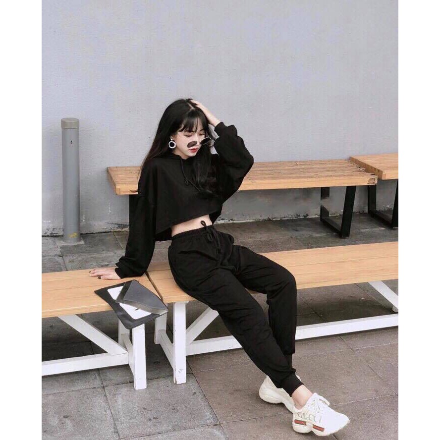 (ảnh thật ở cuối) Sporty Black : Jogger * Hoddie form lửng - S10