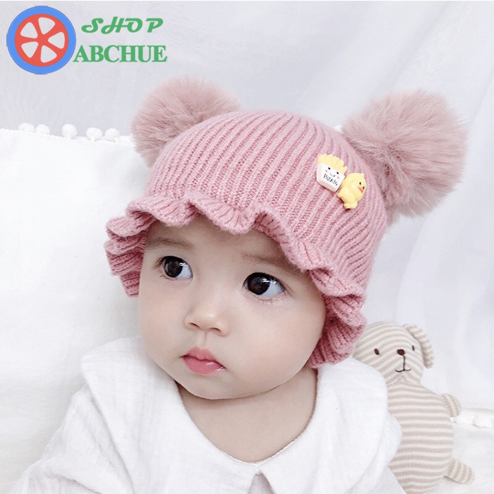 Mũ len cho bé phối bóng lông kèm lót mũ mềm mịn phong cách Hàn Quốc