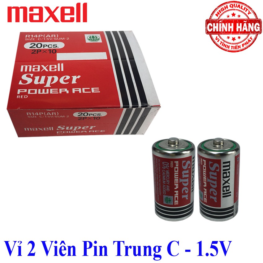 Bộ 2 viên Pin trung C R14P Maxell Super Power 1.5V - Maxell dùng cho bếp ga, đồng hồ, đèn pin