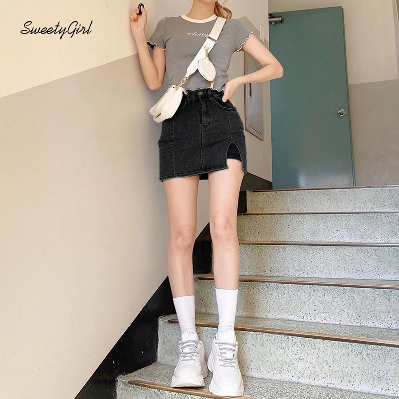 Chân váy denim eo cao xẻ tà có túi phong cách đường phố thời trang nữ