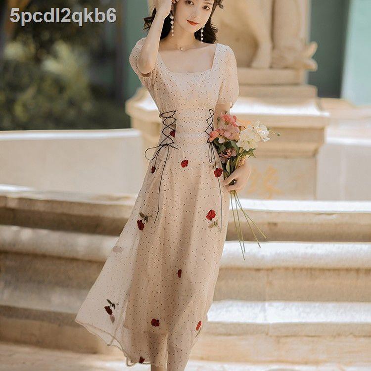 Váy công chúa thoát gió nhẹ nhàng retro kiểu Pháp đầu hè năm 2021 mới áo dài thêu hoa hồng ren siêu cổ tích
