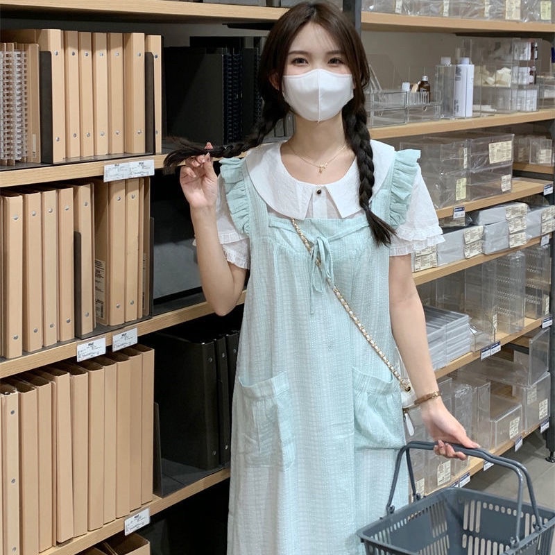 Set áo sơ mi cổ sen và yếm hai dây dáng dài có túi thích hợp đi du lịch biển, Đà Lạt