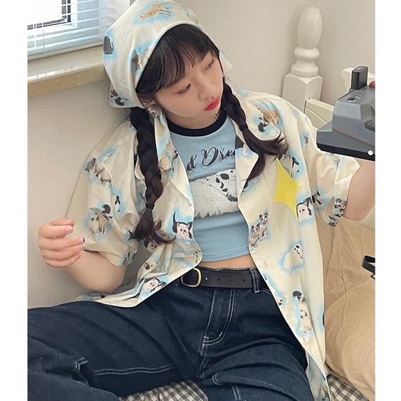 Áo Sơ Mi Ngắn Tay In Họa Tiết Mèo Và Ngôi Sao Sáng Tạo Thời Trang Cho Nữ