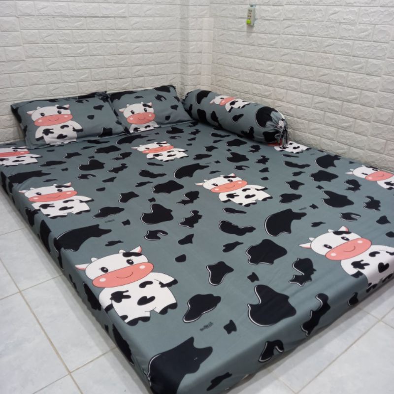 BỘ DRAP THUN HÀN QUỐC BÒ SỮA CUTE [ 4 MÓN : 1 TRẢI GIƯỜNG,  2 VỎ GỐI NẰM, 1 VỎ GỐI ÔM ].