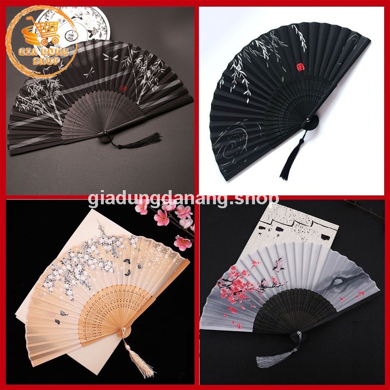 Quạt Cổ Trang Quạt Cầm Tay Bằng Vải Lụa Thân Tre Xếp Xòe Tròn Dùng Làm Trang Trí Quà Tặng
