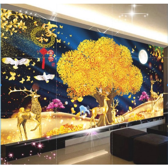 TRANH THÊU PHONG CẢNH HƯƠU NAI TÀI LỘC E64 (100X55) EDB64 (150X70)