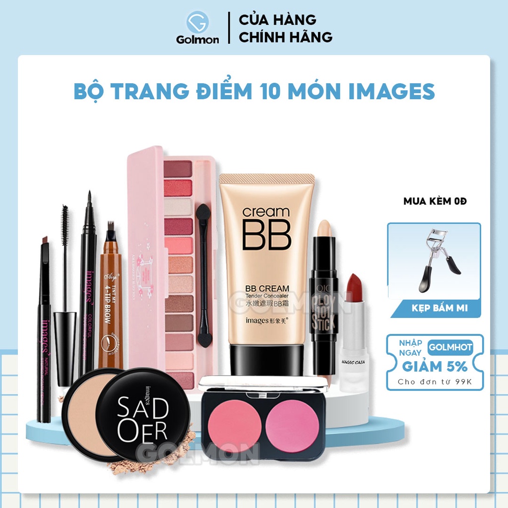 Bộ trang điểm 10 món đầy đủ bộ makeup Phấn phủ Kem nền Phấn má Phấn mắt Son lì Mascara Chì kẻ mày Kẻ mắt Bút tạo khối