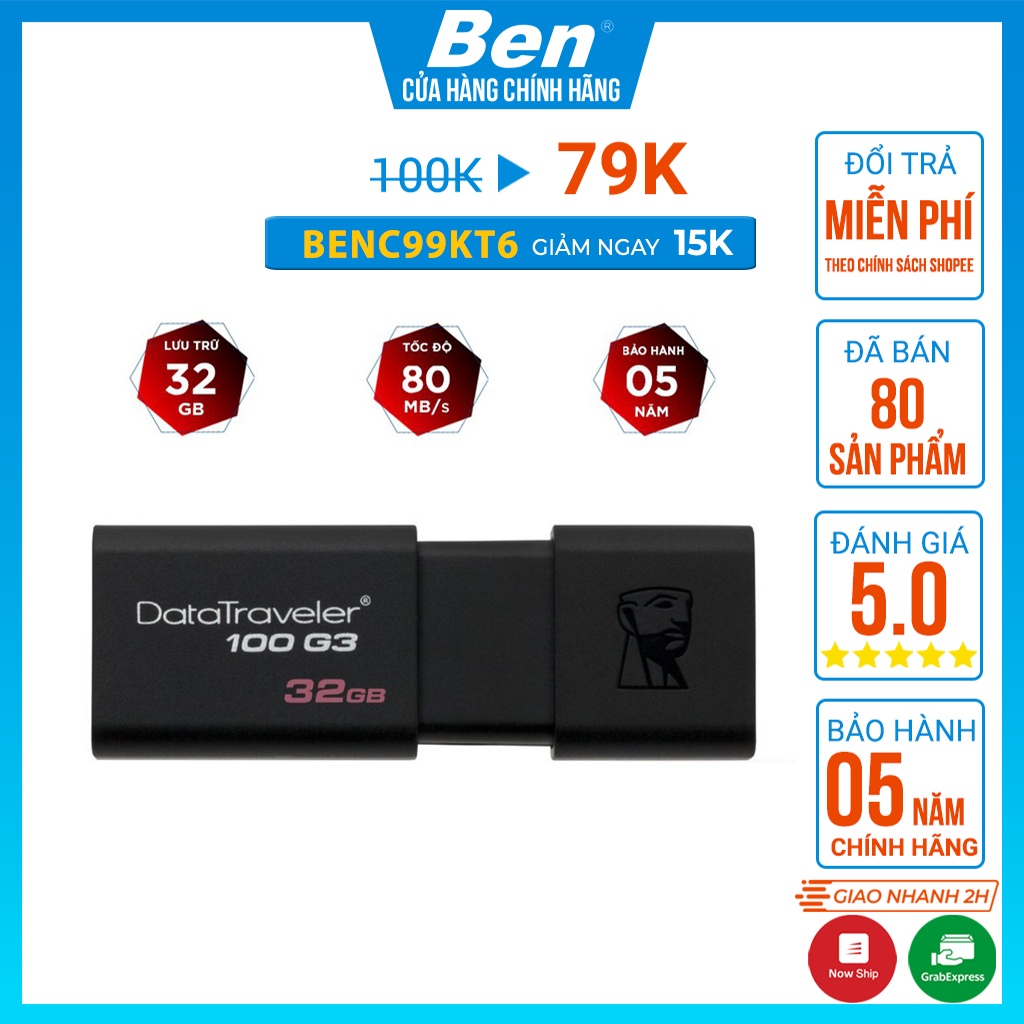 USB Kingston DT100G3 32Gb 3.0 tốc độ cao 100MB/s - Hàng chính hãng BH 60T