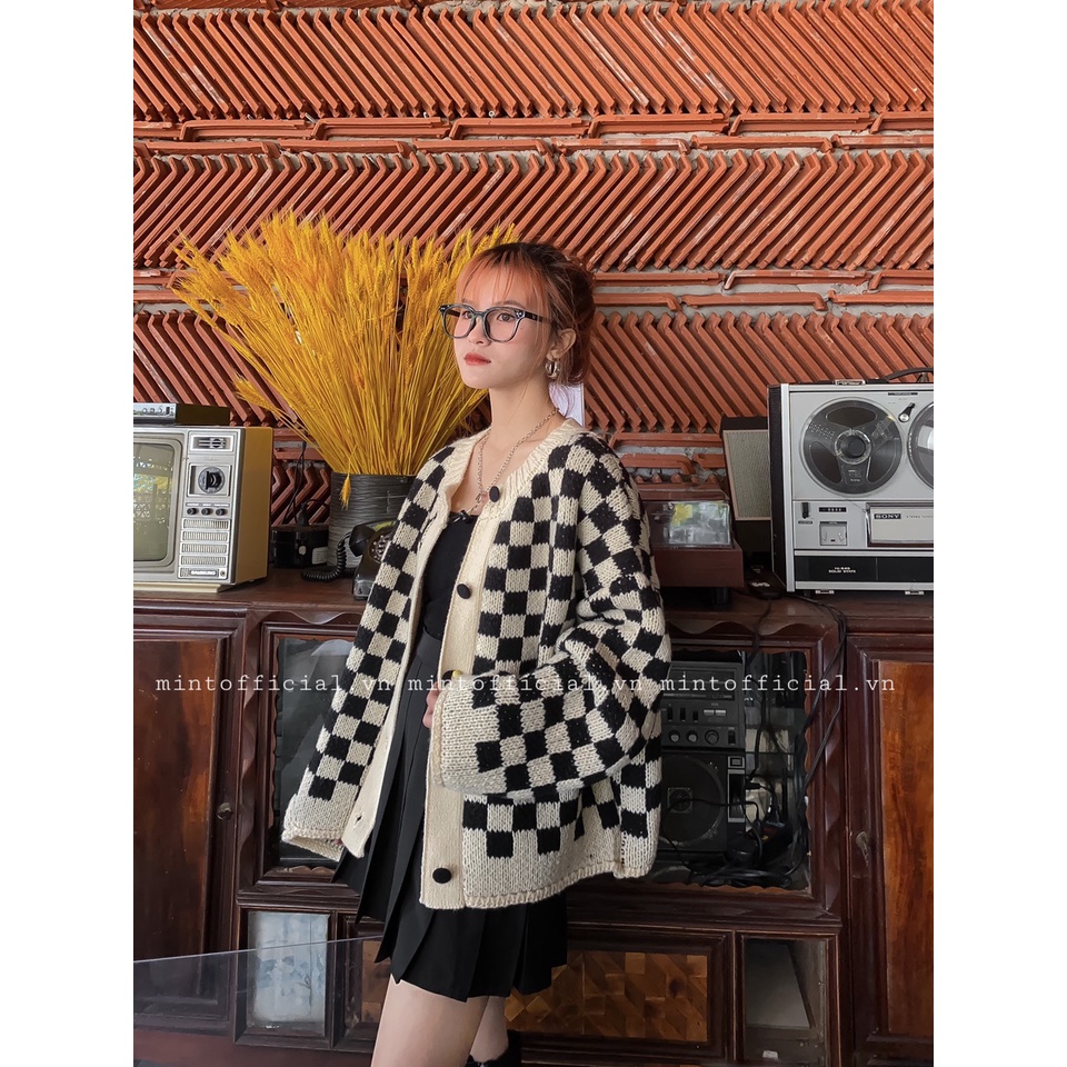 Áo cardigan caro đen trắng chất len siêu dày