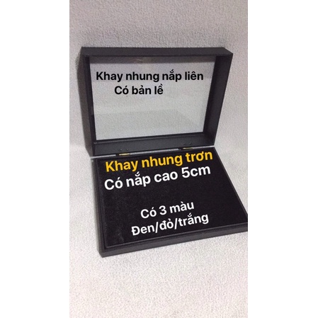 khay nhung trơn có nắp liền, nắp cao 5cm khay trưng được mắt kính