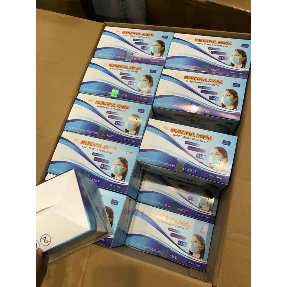 KHẨU TRANG Y TẾ 4 LỚP CÓ GIẤY KHÁNG KHUẨN MERCIFUL, SẢN XUẤT TẠI VIỆT NAM, HỘP 50 CÁI CÓ GIẤY CHỨNG NHẬN CHẤT LƯỢNG