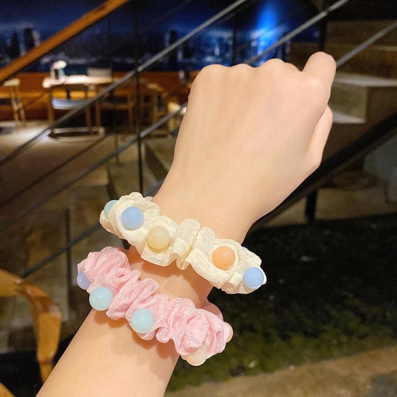 Dây Buộc Tóc Vải SOLANO Dây Buộc Tóc Scrunchies Nữ Đính Phụ Kiện Ngọc Nhân Tạo Xinh Xắn FAH-001255