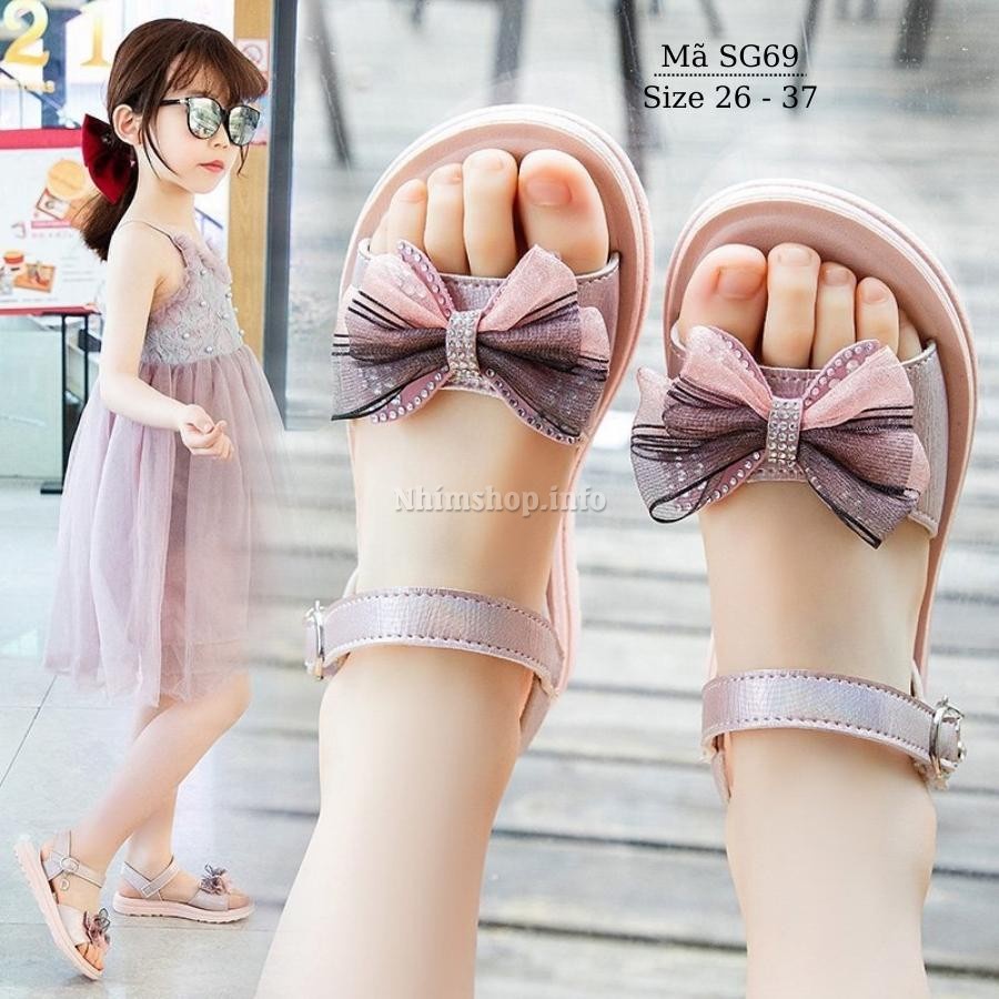 Dép quai hậu sandal bé gái đi học da mềm đế êm kiểu dán tiện dụng gắn nơ điệu tím hồng cho trẻ em nữ 3 - 12 tuổi SG69