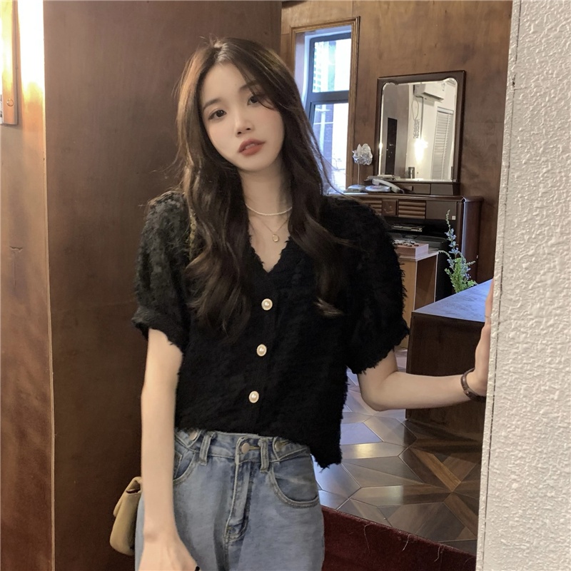 Áo Sơ Mi Ngắn Tay Cổ Chữ v Phối Ren Đính Ngọc Trai Phong Cách Retro 53686